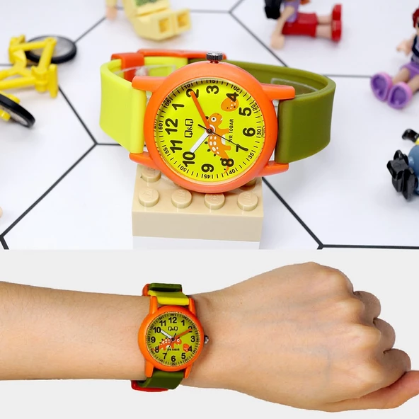 Q&Q VS49J008Y Turuncu Yeşil Dinozor Desenli Su Geçirmez Rakamlı Çocuk Kol Saati - 4