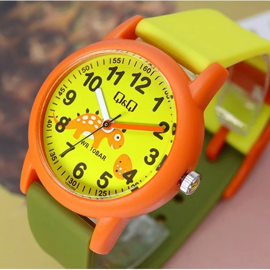 Q&Q VS49J008Y Turuncu Yeşil Dinozor Desenli Su Geçirmez Rakamlı Çocuk Kol Saati - 6