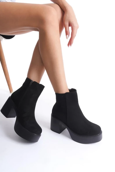 Hancez Siyah Süet Yüksek Kalın Platform Topuklu Bot - 3