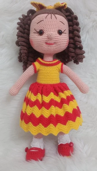 Kırmızı Sarı Kıvırcık Saçlı Karnaval Bebek Amigurumi Organik Oyuncak - 1