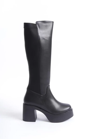 Lostar Siyah Streç Arkası Esnek Yüksek Kalın Platform Topuklu Çizme - 2