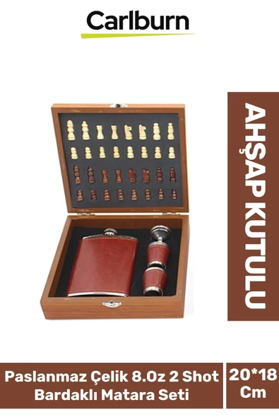 Premium Paslanmaz Çelik 8.Oz 2 Shot Bardaklı Ahşap Kutulu Satrançlı Alkol Deri Matara Seti 20*18 Cm