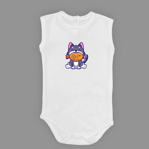 Baskılı Balıklı Kedi Bebek Çıtçıtlı Body