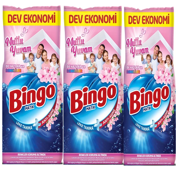 Bingo Matik Toz Çamaşır Deterjanı 30 kg Beyazlar ve Renkliler (3 Paket x 10 Kg) (201 Yıkama) (Mutlu Yuvam)