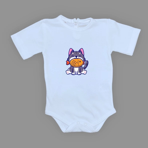 Baskılı Balıklı Kedi Bebek Çıtçıtlı Body - 5