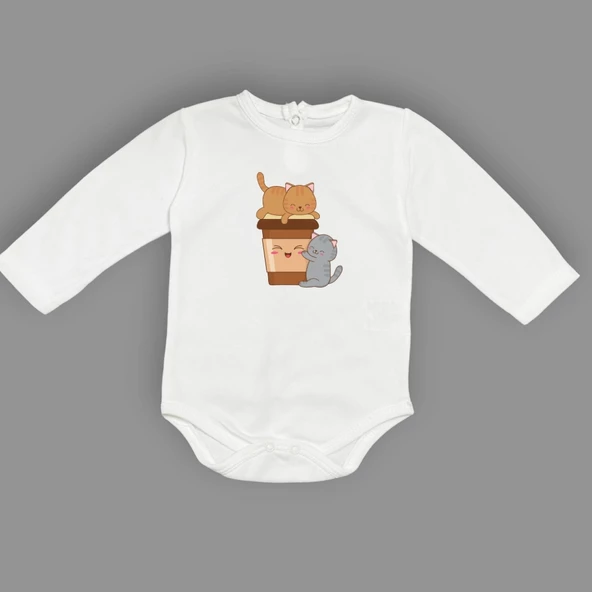 Baskılı Kahve Seven Kediler Bebek Çıtçıtlı Body - 2