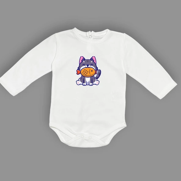 Baskılı Balıklı Kedi Bebek Çıtçıtlı Body - 7