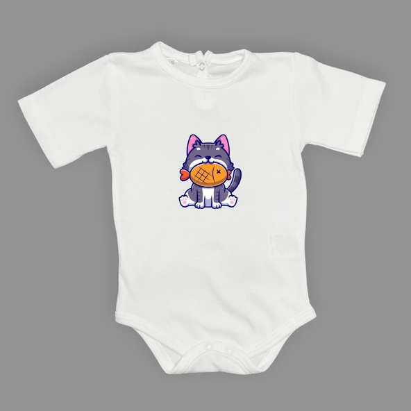 Baskılı Balıklı Kedi Bebek Çıtçıtlı Body - 6