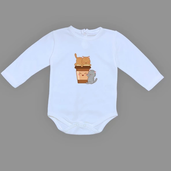 Baskılı Kahve Seven Kediler Bebek Çıtçıtlı Body - 4