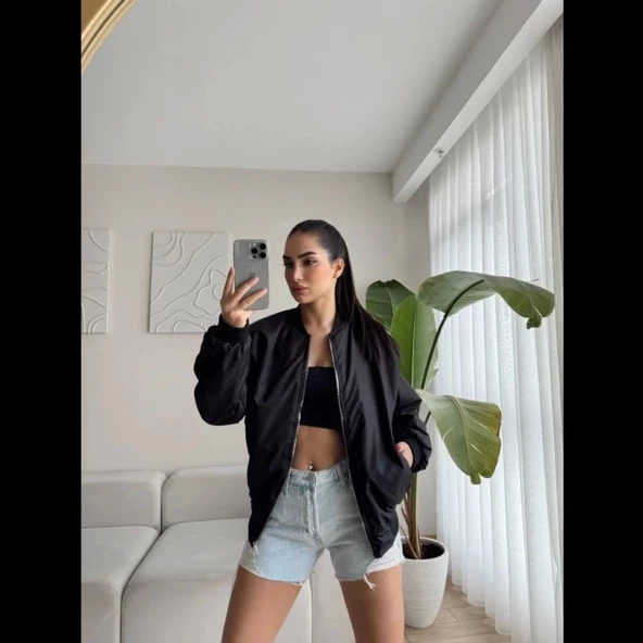 Unisex İçi Astarlı Düz Bomber Ceket - Siyah - 2
