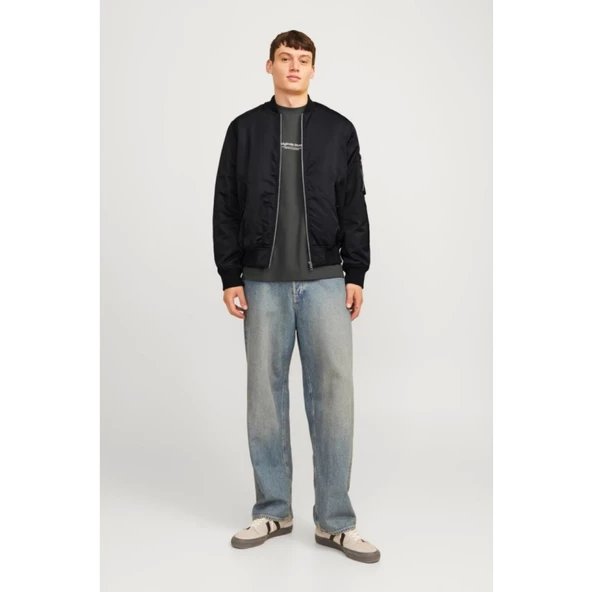 Unisex İçi Astarlı Düz Bomber Ceket - Siyah - 2