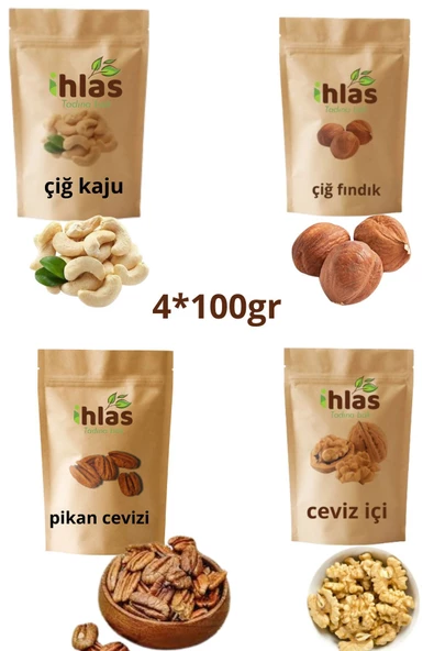 İhlas  karşık çerez 400 gr çiğ fındık - kaju- ceviz içi-pikan cevizi. 100grX 4 adet çiğ NATUREL 1. KALİTE