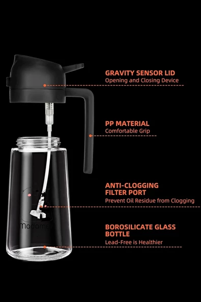 2 Adet Çift Fonksiyonlu Cam Yağdanlık 450ml Zeytinyağı Sıvıyağ Şişe Gri Airfryer Sprey Yağlık Sirkelik - 2
