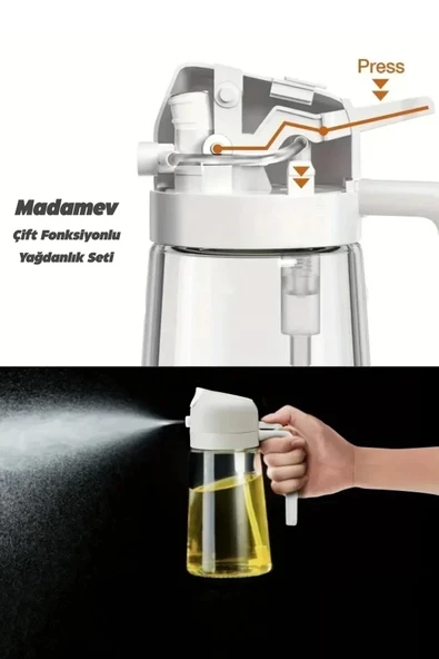 2 Adet Çift Fonksiyonlu Cam Yağdanlık 450ml Zeytinyağı Sıvıyağ Şişe Sprey Airfryer Yağlık Sirkelik - 3