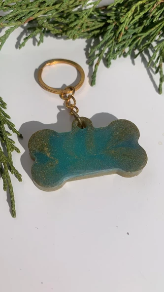 Okyanus Yeşili Ve Gold Ebruli Renk Gold Aksesuarlı Kemik Şekil Epoksi Anahtarlık El Yapımı Hediyelik - Resim 7