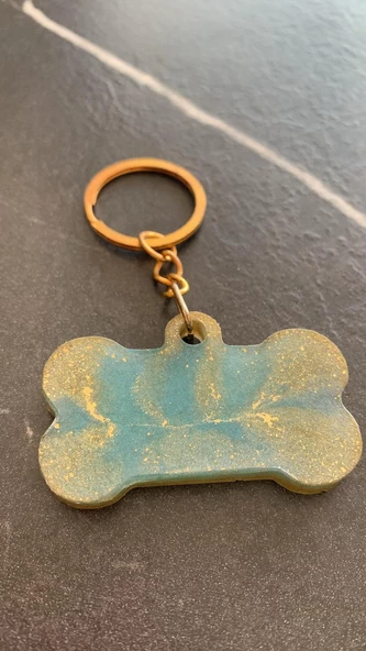 Okyanus Yeşili Ve Gold Ebruli Renk Gold Aksesuarlı Kemik Şekil Epoksi Anahtarlık El Yapımı Hediyelik - Resim 8