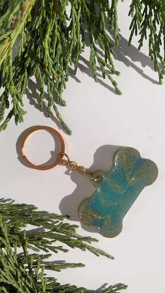 Okyanus Yeşili Ve Gold Ebruli Renk Gold Aksesuarlı Kemik Şekil Epoksi Anahtarlık El Yapımı Hediyelik - Resim 3
