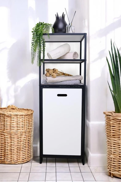 Digithome Metal Kirli Sepetli 3 Raflı Çok Amaçlı Banyo Düzenleyici Raf Organizer Siyah/Beyaz – MRS-012 C1-1-369 - 2