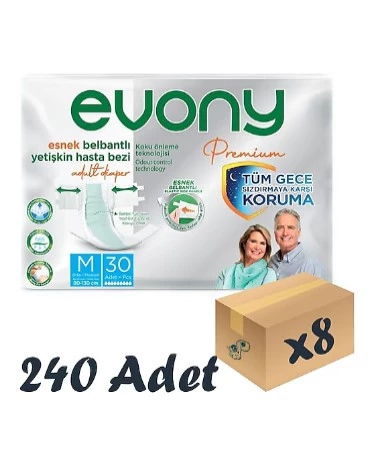 EVONY PREMİUM ESNEK BELBANTLI ORTA BOY M 30 LU 8 ADET HASTA BEZİ