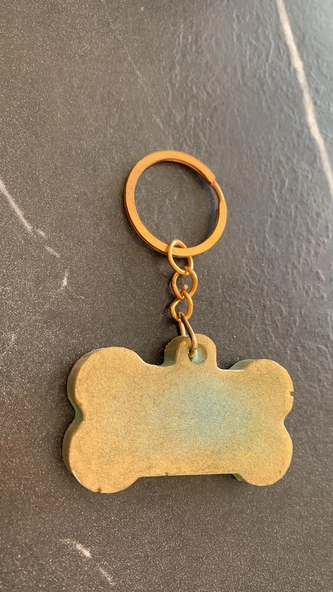 Okyanus Yeşili Ve Gold Ebruli Renk Gold Aksesuarlı Kemik Şekil Epoksi Anahtarlık El Yapımı Hediyelik - Resim 6