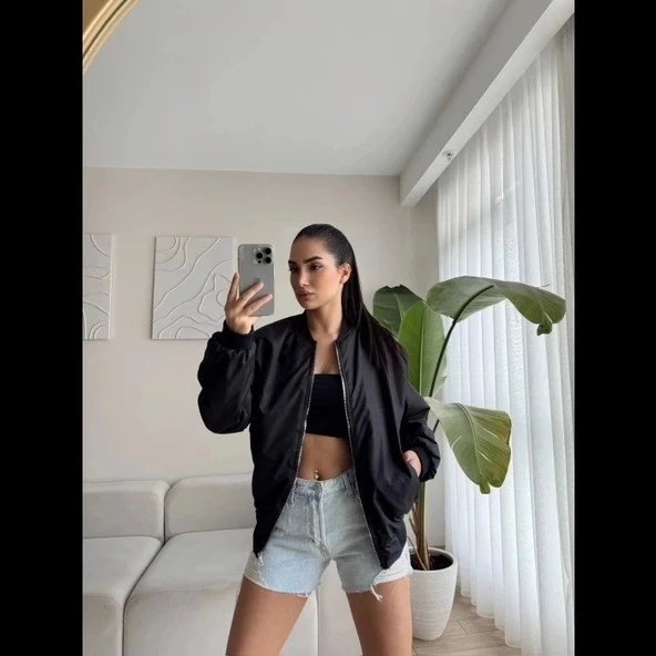 Unisex İçi Astarlı Düz Bomber Ceket - Siyah ürün görseli 1