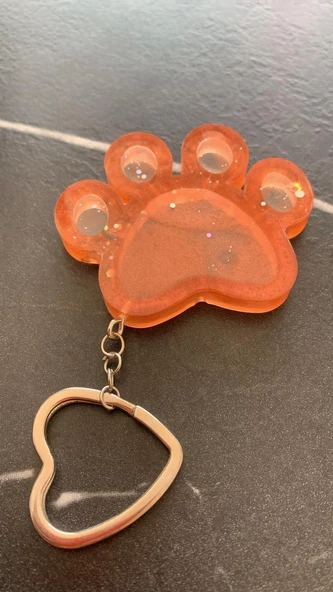 Turuncu Renk Gümüş Glitterli Kedi Köpek Pati Gümüş Kalp Aksesuarlı Epoksi Anahtarlık El Yapımı Hediyelik - Resim 4