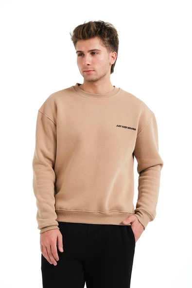 JUSTEVER Bisiklet Yaka Nakışlı Şardonlu İçi Polarlı Vizon Erkek Sweatshirt - Volar