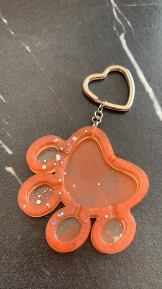 Turuncu Renk Gümüş Glitterli Kedi Köpek Pati Gümüş Kalp Aksesuarlı Epoksi Anahtarlık El Yapımı Hediyelik - Resim 2