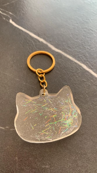 Şeffaf Epoksi İçinde Hologram Çubuk Süs Kedi Köpek Başı Gold Aksesuarlı Anahtarlık El Yapımı Hediyelik - Resim 2