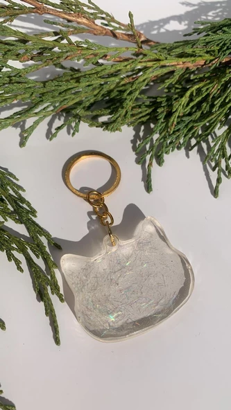 Şeffaf Epoksi İçinde Hologram Çubuk Süs Kedi Köpek Başı Gold Aksesuarlı Anahtarlık El Yapımı Hediyelik - Resim 5