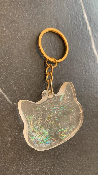 Şeffaf Epoksi İçinde Hologram Çubuk Süs Kedi Köpek Başı Gold Aksesuarlı Anahtarlık El Yapımı Hediyelik - Resim 4