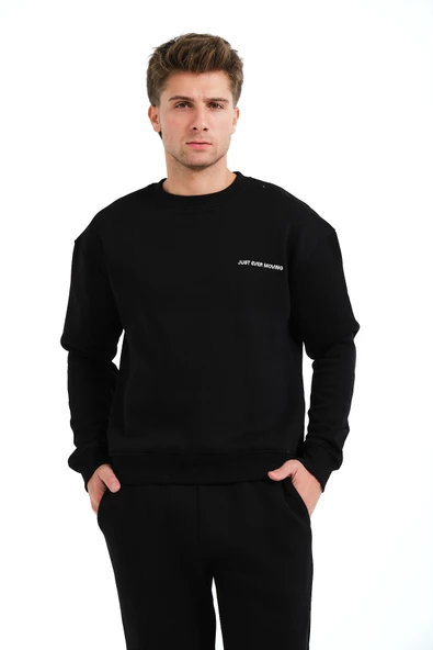 JUSTEVER Bisiklet Yaka Nakışlı Şardonlu İçi Polarlı Siyah Erkek Sweatshirt - Volar