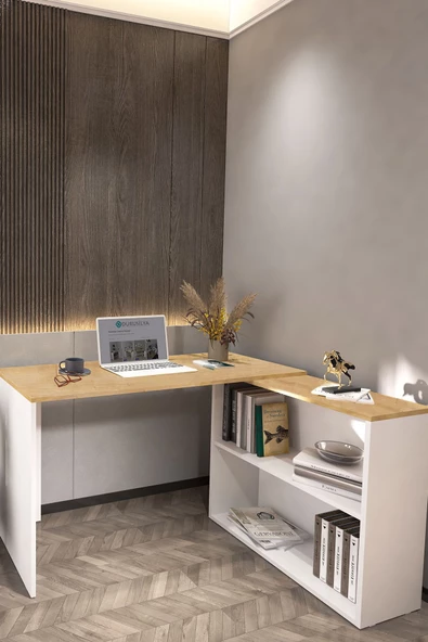 Durusilya Mobilya L Çalışma Masası Bilgisayar Masası Dolaplı Kitaplıklı Meşe Beyaz - 2