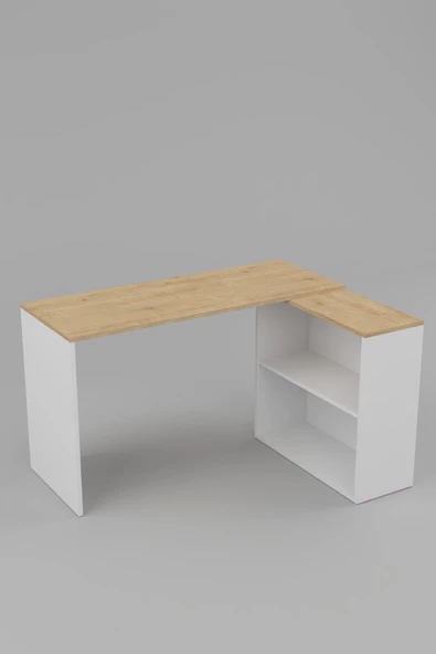 Durusilya Mobilya L Çalışma Masası Bilgisayar Masası Dolaplı Kitaplıklı Meşe Beyaz - 6