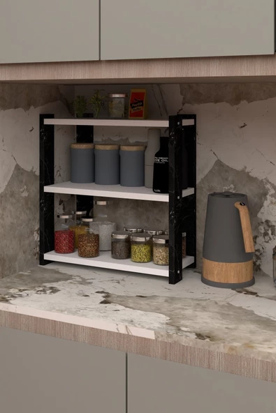 Durusilya Mobilya Baharatlık Tezgah Üstü Üç Katlı Baharatlık Siyah Mermer Desen Beyaz Mermer Desen Ve Beyaz, One Size - 4