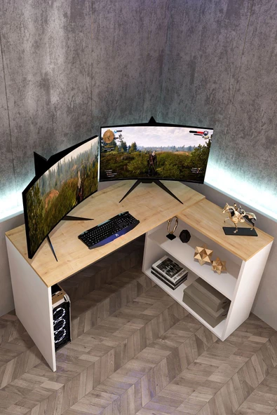 Durusilya Mobilya L Çalışma Masası Bilgisayar Masası Dolaplı Kitaplıklı Meşe Beyaz - 7