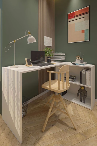 Durusilya Mobilya L Çalışma Masası Bilgisayar Masası Dolaplı Kitaplıklı L Masa Beyaz 145cm - 3