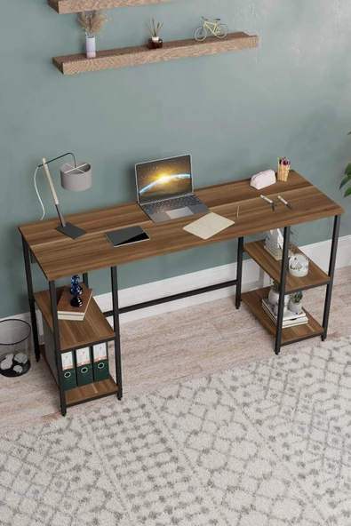 Durusilya Mobilya Metal Çalışma Bilgisayar Ofis Masası Kitaplıklı 140x50 Cm Ceviz Metal, One Size - 5