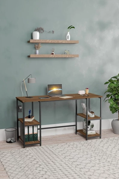 Durusilya Mobilya Metal Çalışma Bilgisayar Ofis Masası Kitaplıklı 140x50 Cm Ceviz Metal, One Size - 4