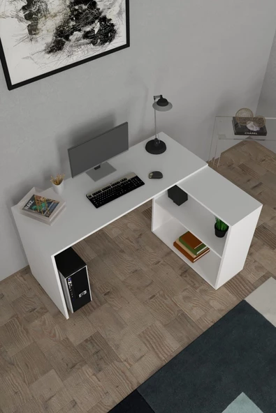 Durusilya Mobilya L Çalışma Masası Bilgisayar Masası Dolaplı Kitaplıklı L Masa Beyaz 145cm - 4