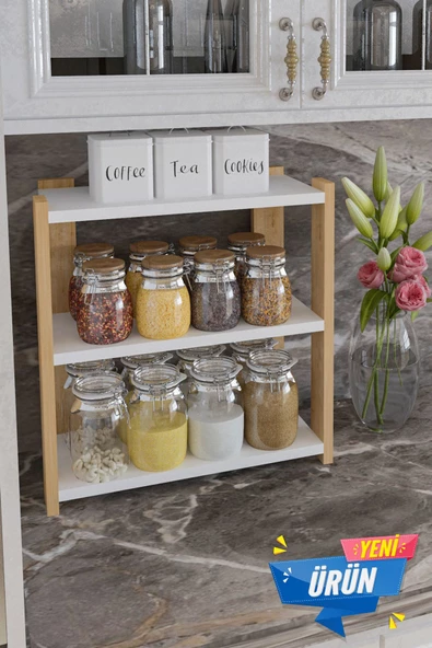Durusilya Mobilya Baharatlık Çok Amaçlı Raf Tezgah Üstü Üç Katlı Baharatlık