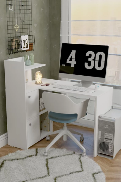Durusilya Mobilya L Çalışma Masası Kitaplıklı Dolaplı Beyaz - 2