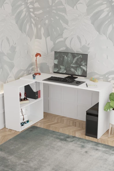 Durusilya Mobilya L Çalışma Masası Bilgisayar Masası Dolaplı Kitaplıklı - 5
