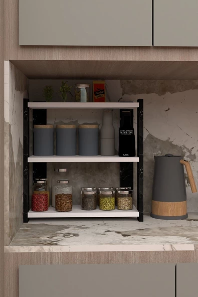 Durusilya Mobilya Baharatlık Tezgah Üstü Üç Katlı Baharatlık Siyah Mermer Desen Beyaz Mermer Desen Ve Beyaz, One Size - 5