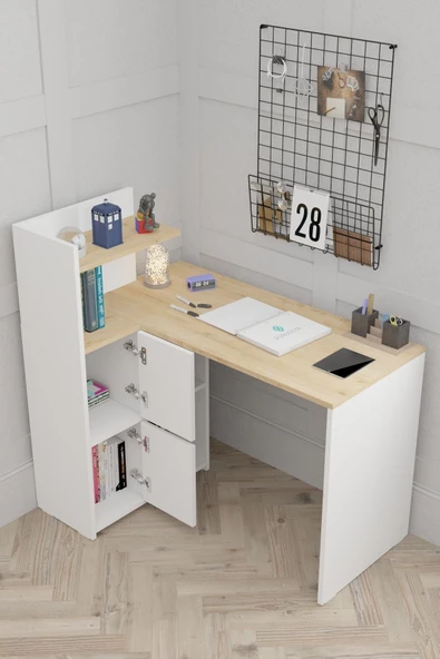 Durusilya Mobilya L Çalışma Masası Kitaplıklı Dolaplı Sol Yön Safir Meşe - 4