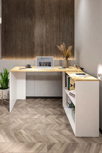 Durusilya Mobilya L Çalışma Masası Bilgisayar Masası Dolaplı Kitaplıklı Meşe Beyaz - 8