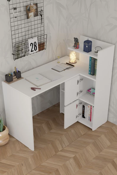 Durusilya Mobilya L Çalışma Masası Kitaplıklı Dolaplı Beyaz