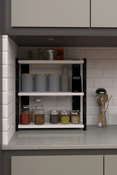 Durusilya Mobilya Baharatlık Tezgah Üstü Üç Katlı Baharatlık Siyah Mermer Desen Beyaz Mermer Desen Ve Beyaz, One Size - 2