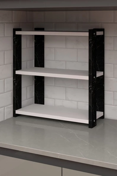 Durusilya Mobilya Baharatlık Tezgah Üstü Üç Katlı Baharatlık Siyah Mermer Desen Beyaz Mermer Desen Ve Beyaz, One Size - 3