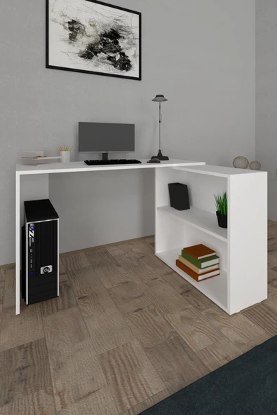 Durusilya Mobilya L Çalışma Masası Bilgisayar Masası Dolaplı Kitaplıklı L Masa Beyaz 145cm - 5